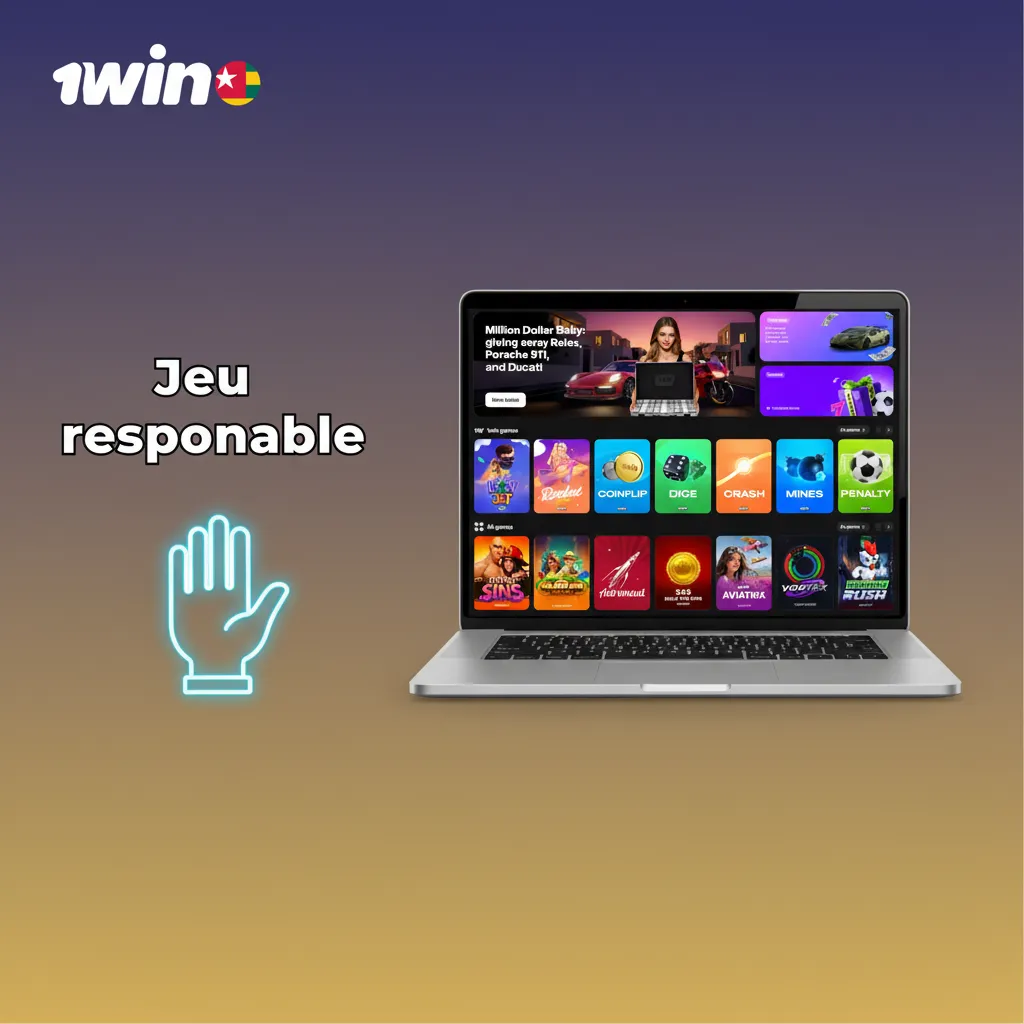 Bannière 'Jeu responsable' illustrant limites de dépôt/mise, rappels de session, pause/auto‑exclusion, budget, aide.