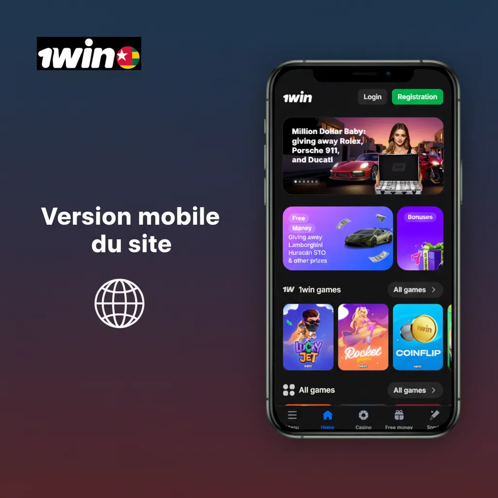 Écran de smartphone affichant le site mobile: inscription, paris en direct, cotes en temps réel, XOF, TMoney et Flooz.